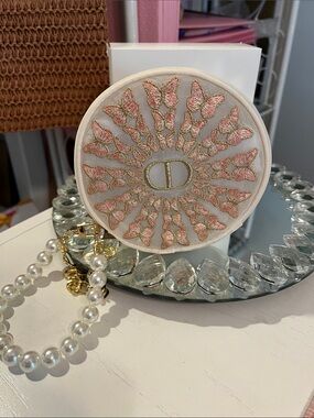 Dior Pink & Gold Embroidered Round Pouch with Pearl Strap
